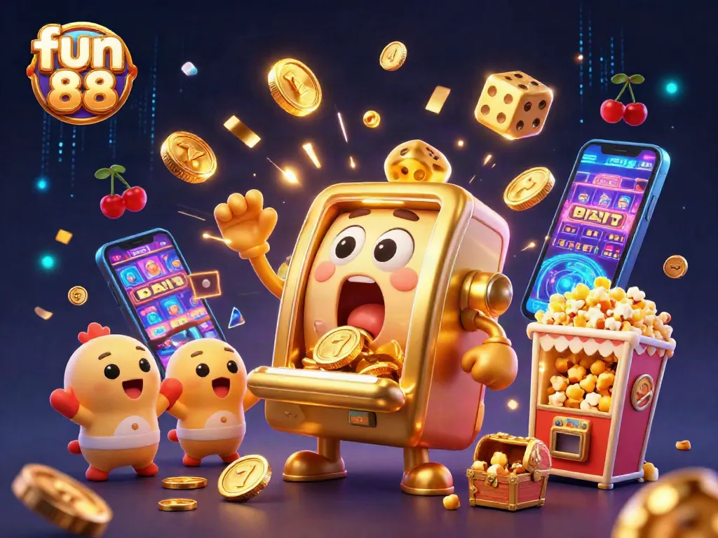 Engage with fun 88 gameplay in this vibrant 3D cartoon scene showcasing animated slot machines and casino excitement.