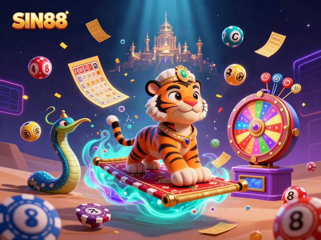 SIN88 introduces vibrant casino magic with a tiger sultan on a carpet of poker chips.