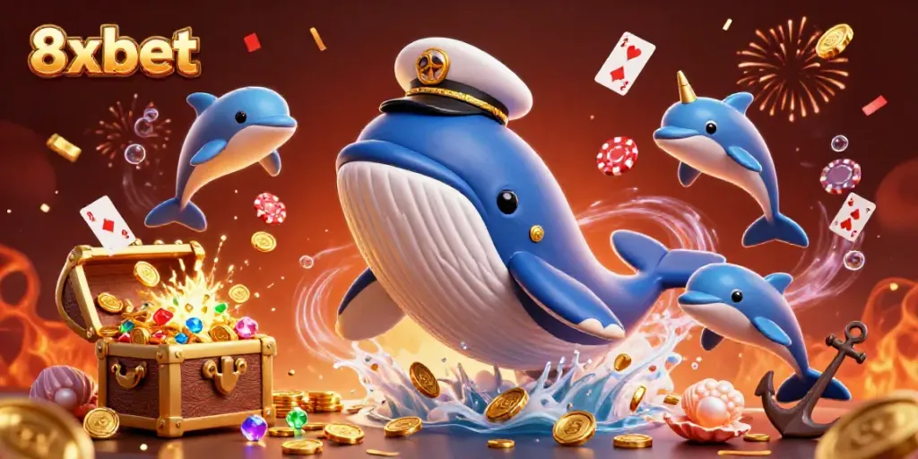 Experience excitement with 8xbet as a cartoon whale and dolphins celebrate in a treasure-filled underwater scene.