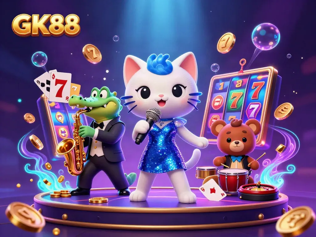 Engage with GK88 in this lively casino scene featuring vibrant characters and slot game elements.