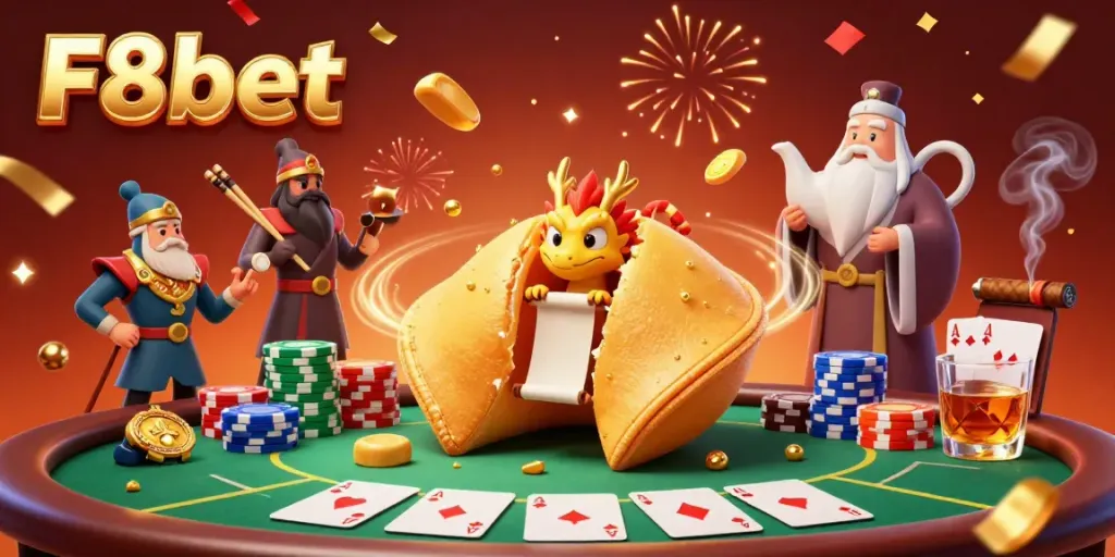 Engage in thrilling poker action at F8bet with a unique fortune cookie scene filled with magical elements.