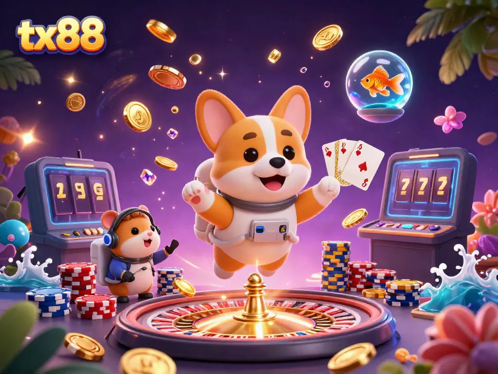 Win big at tx88 with a lively space casino scene featuring a floating corgi and exciting game elements.