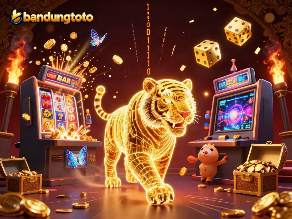 Experience the vibrant energy of bandungtoto's digital casino with a golden tiger and jackpot bursts.