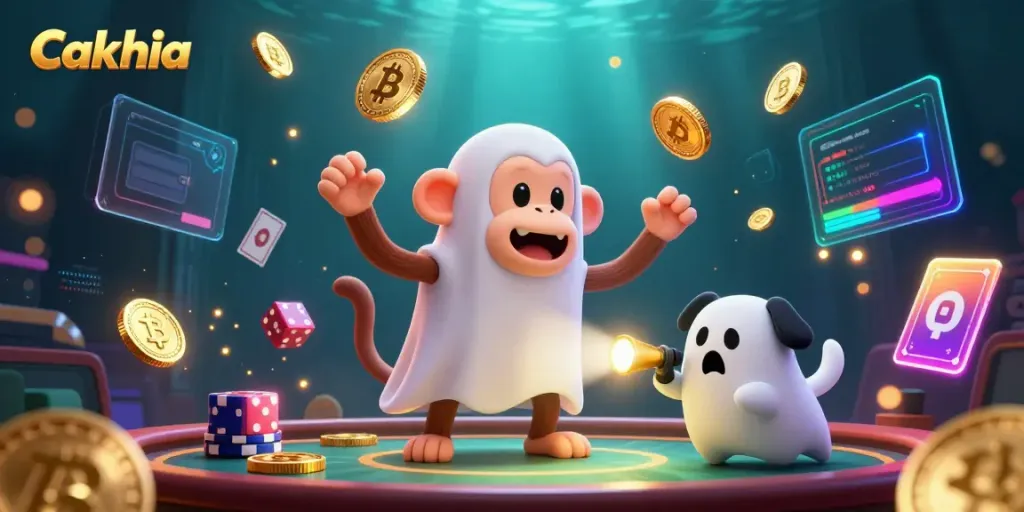 Cakhia offers engaging sports betting experiences through a lively illustration featuring a poltergeist monkey and a curious puppy.