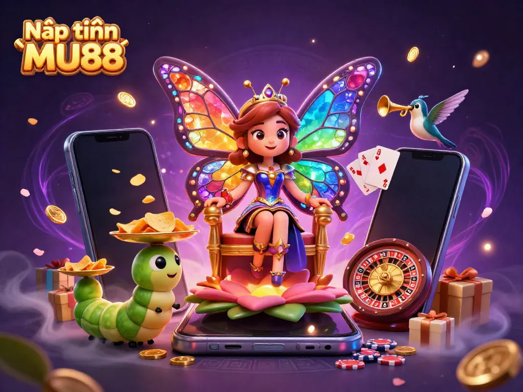 Nạp tiền MU88 visualizing a vibrant, dynamic casino scene with characters, games, and tokens