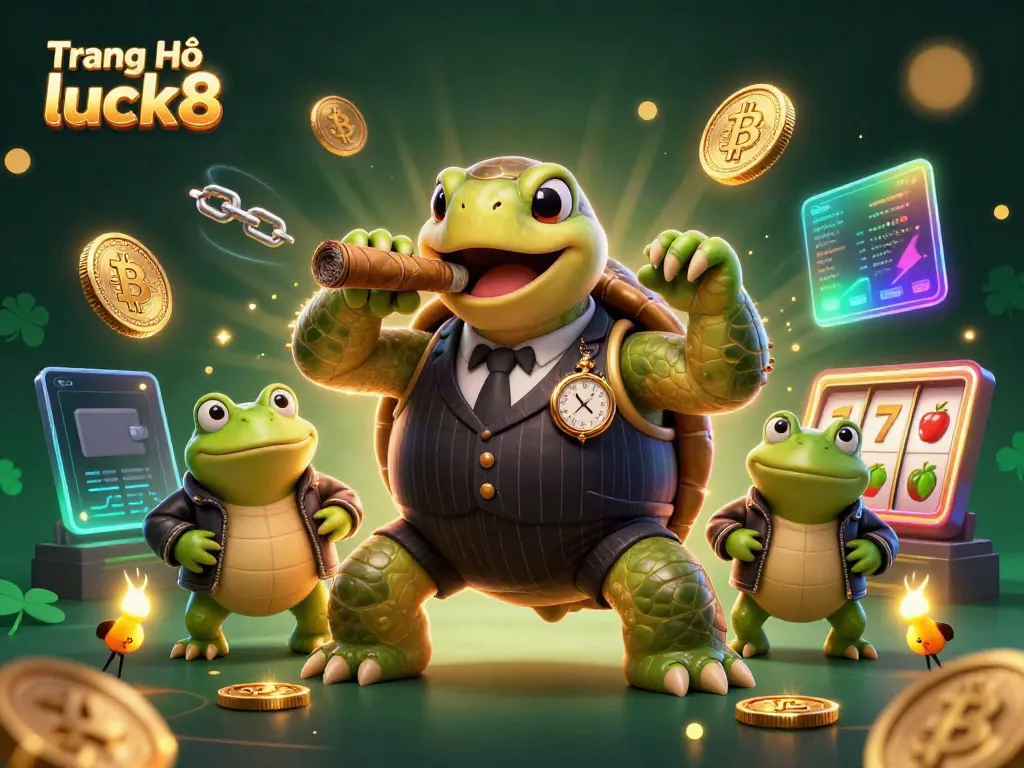 Engaging scene featuring a massive turtle in mobster attire promoting Trang Chủ luck8 with vibrant crypto-themed elements.