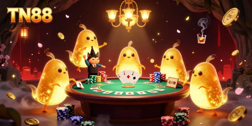 Glowworms illuminate a vibrant cave casino scene with poker elements, depicting TN88 branding.