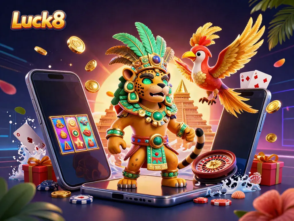 Experience thrilling gaming at Luck8 with vibrant casino elements in a dynamic Mayan-themed scene.