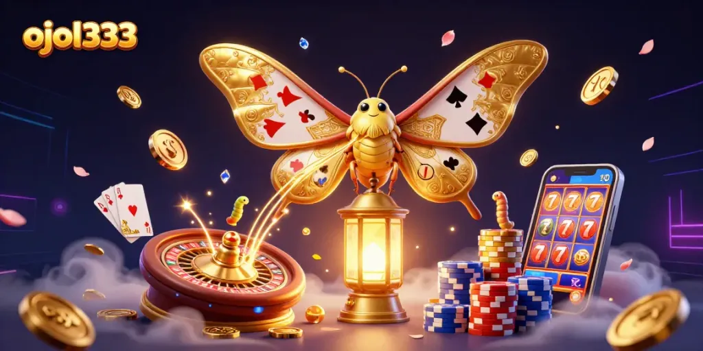 Engage with vibrant gaming action in ojol333 featuring golden moths and casino treasures.