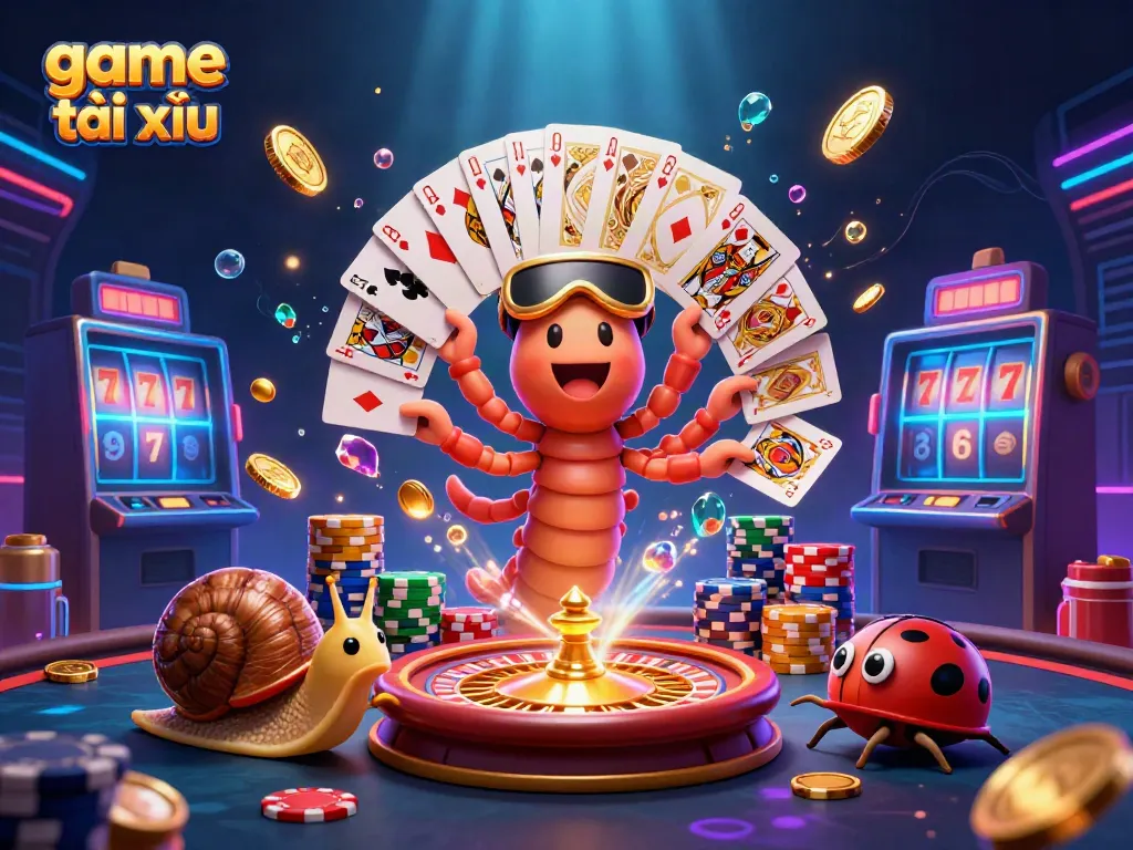 Engage in the game tài xỉu with vibrant characters and dynamic casino elements in a striking 3D illustration.