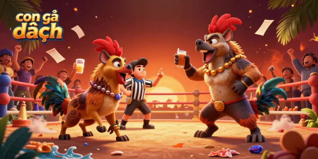 Engage in the excitement of con gà đen as hyenas cheer in a lively cockfighting arena.