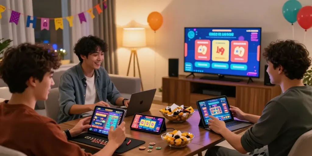 Excited players enjoying new USA online casinos on devices in a cozy home setting with festive decorations.