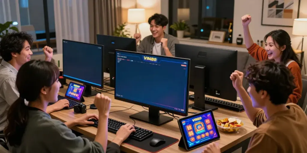 Players celebrating a win while engaging with the vibrant gaming interface at https://vin88.team/ in a cozy living room.
