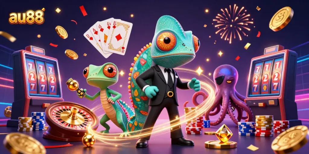 Win big with AU88 as a colorful 3D cartoon scene featuring vibrant casino elements and characters.