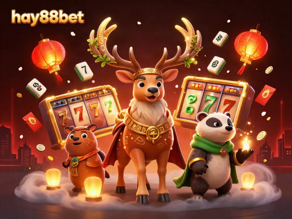 Engage in exciting gaming with hay88bet's vibrant casino atmosphere featuring lucky symbols and dynamic elements.