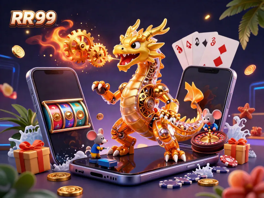 Engage with RR 99's vibrant casino adventure featuring a golden dragon, gaming elements, and thrilling rewards.