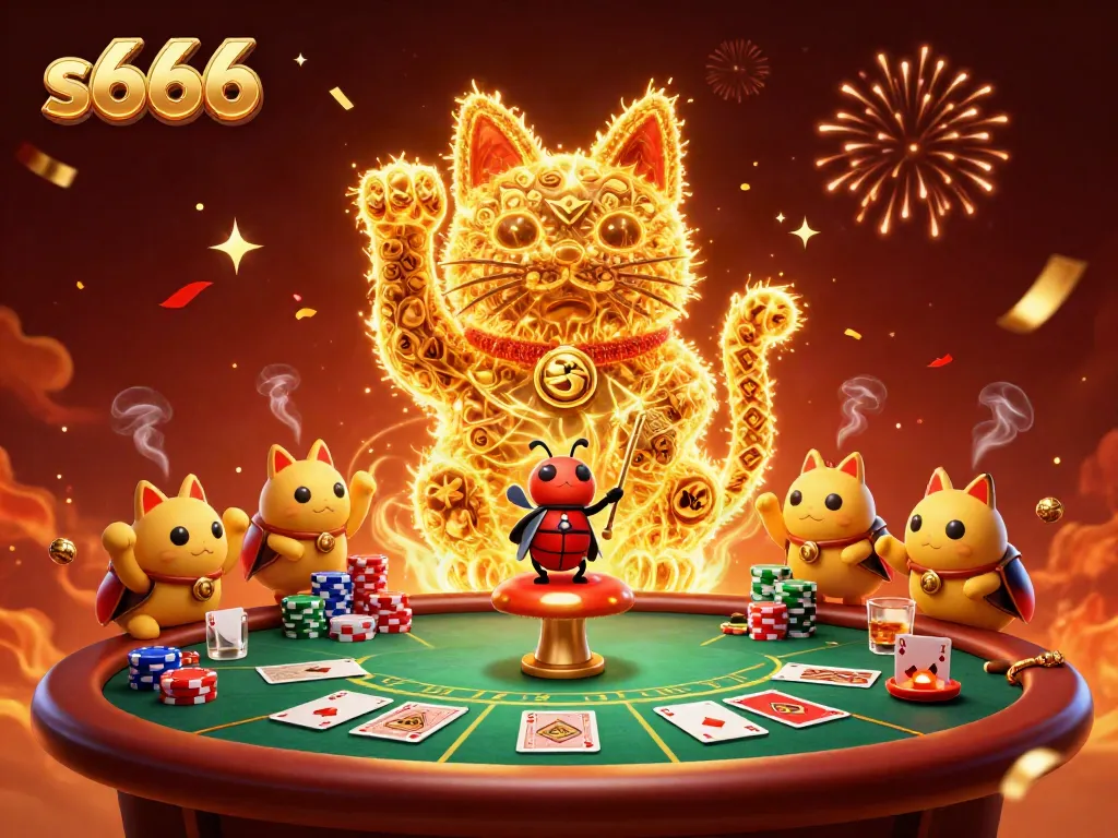 Experience vibrant gaming with s666's lucky cat animated by fireflies in this rich casino illustration.
