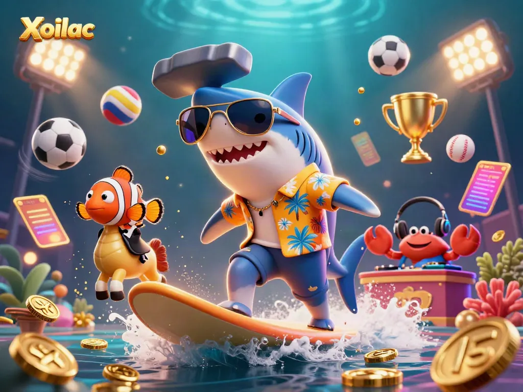 Xoilac banner showing a shark surfing on gold coins, enhancing the excitement of online betting.