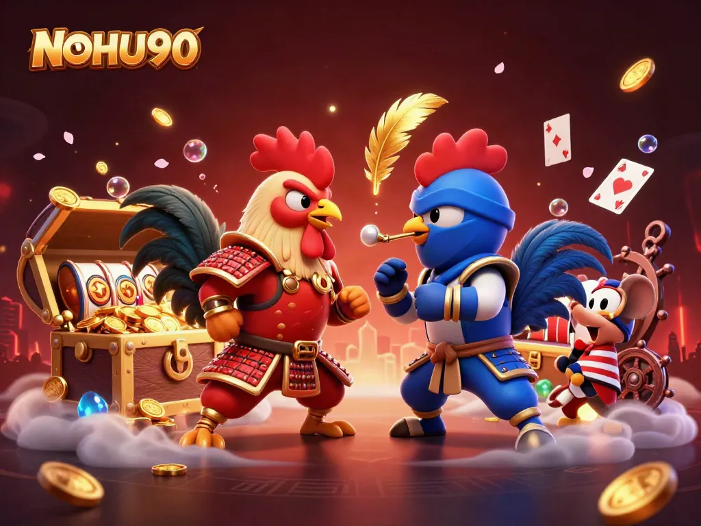 Engage with NOHU90 in a dynamic showdown of roosters amid casino action and vibrant elements.