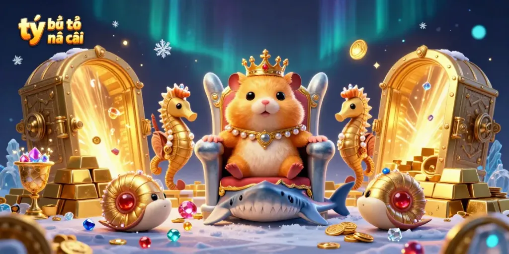 Experience the thrill with tỷ lệ nhà cái, featuring a fierce golden hamster king on a megalodon throne, surrounded by royal sea creatures.