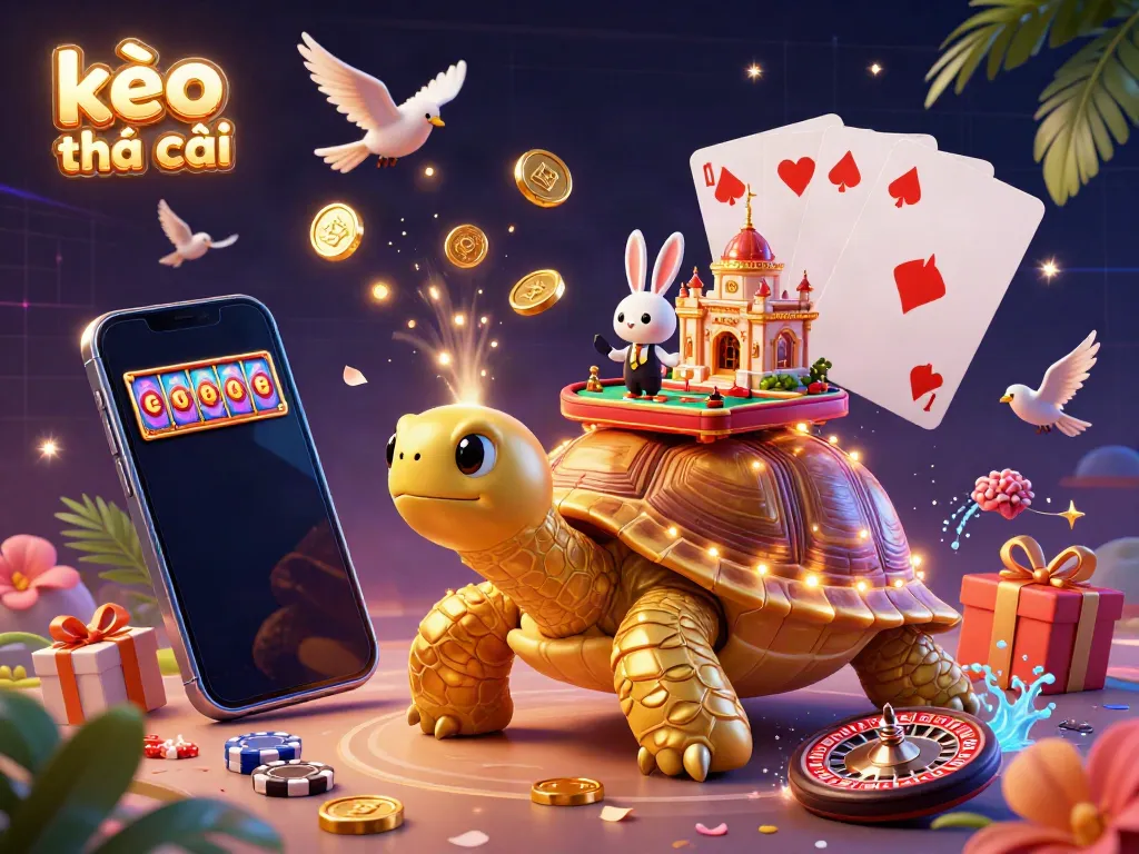 Engage with the vibrant kèo nhà cái scene featuring a golden tortoise casino, colorful games, and dynamic flying coins.