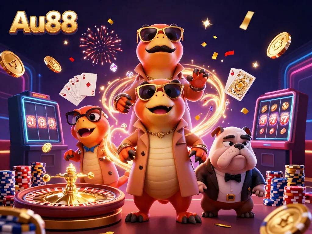 Experience excitement at Au88 with cartoon raptors in a trench coat entering a VIP casino lounge amid flying coins and casino elements.