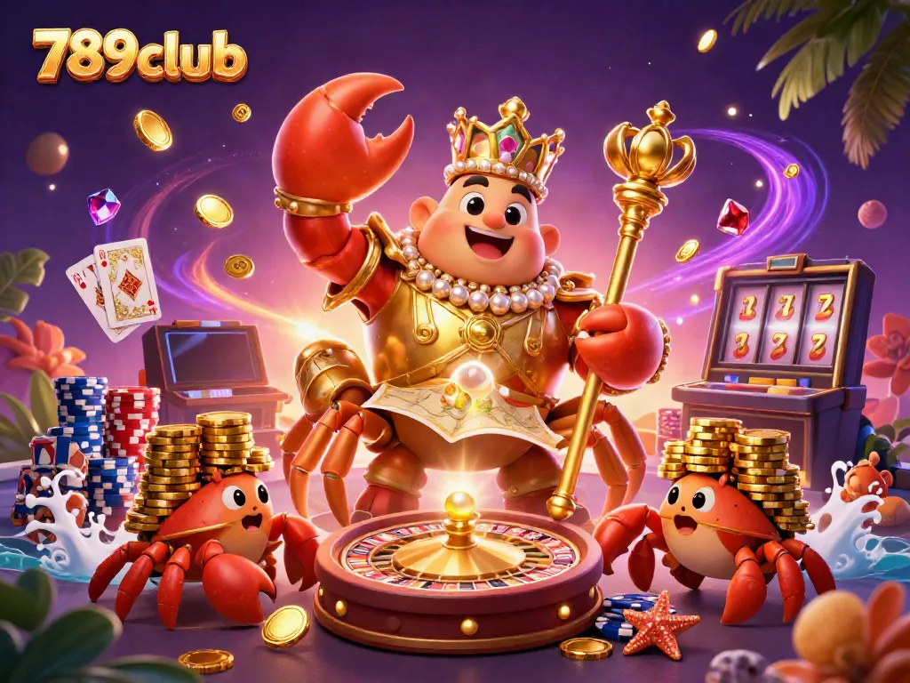 Feel the thrill at 789club with a golden crab emperor, vibrant casino elements, and dynamic gameplay.