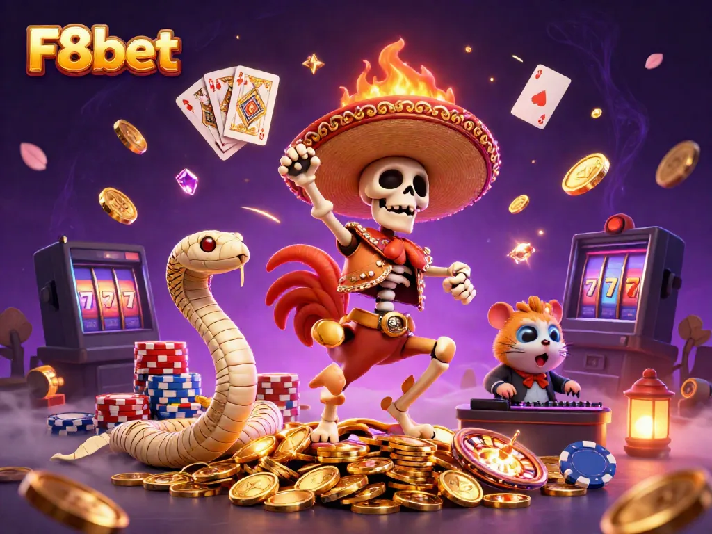 F8bet offers thrilling experiences with a mariachi rooster and treasures in a vibrant casino illustration.