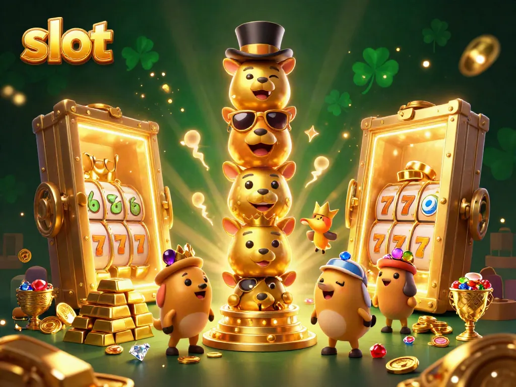Experience the thrill of slot gaming with vibrant 3D art and golden treasures bursting from a vault.
