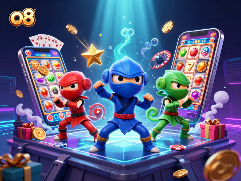 Engage with vibrant casino visuals featuring o8's immersive slot games and dynamic ninja chameleons.