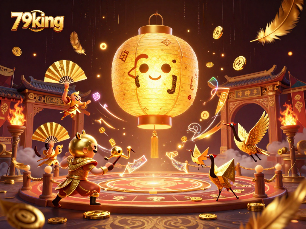 Engage in thrilling action at 79king casino, showcasing golden lantern spirit with warriors amidst vibrant gambling elements.