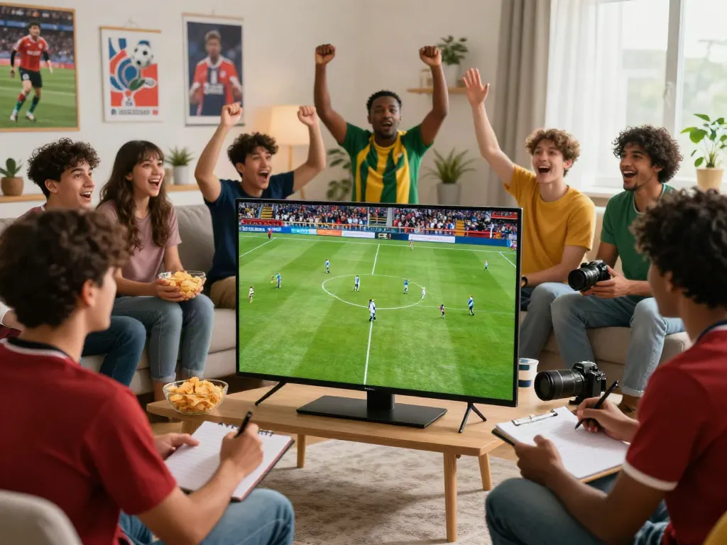 Thapcamtv fans enjoying a live football match together in a cozy atmosphere.
