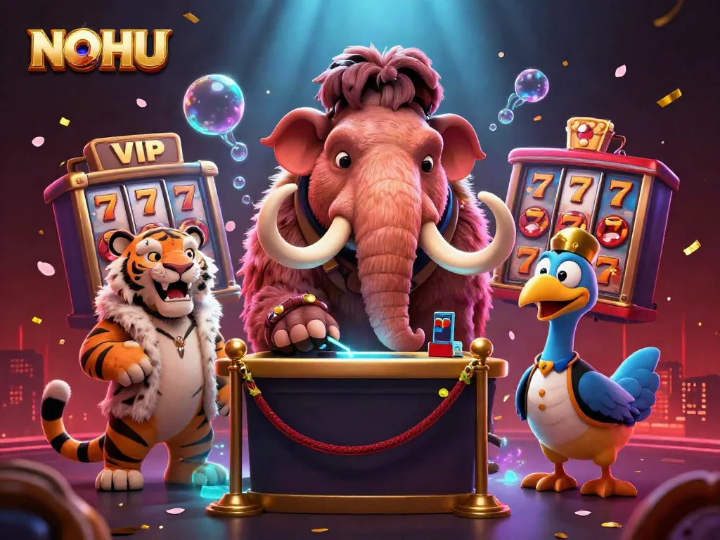 Experience the lively NOHU casino scene with a woolly mammoth bouncer and vibrant gaming elements.