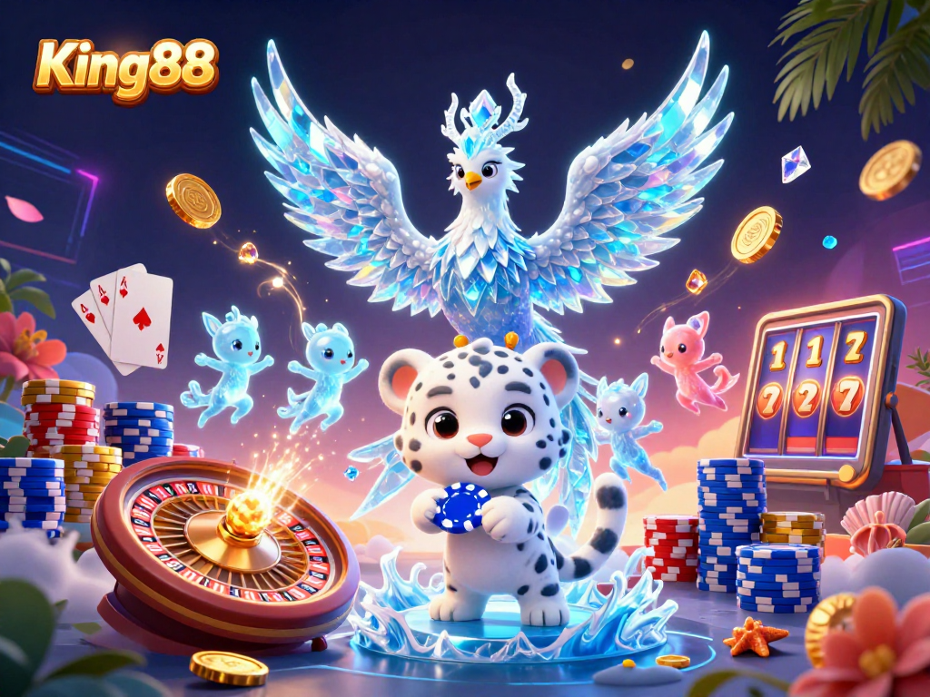 Join King88's thrilling gaming action with a vibrant, dynamic 3D casino scene filled with excitement.