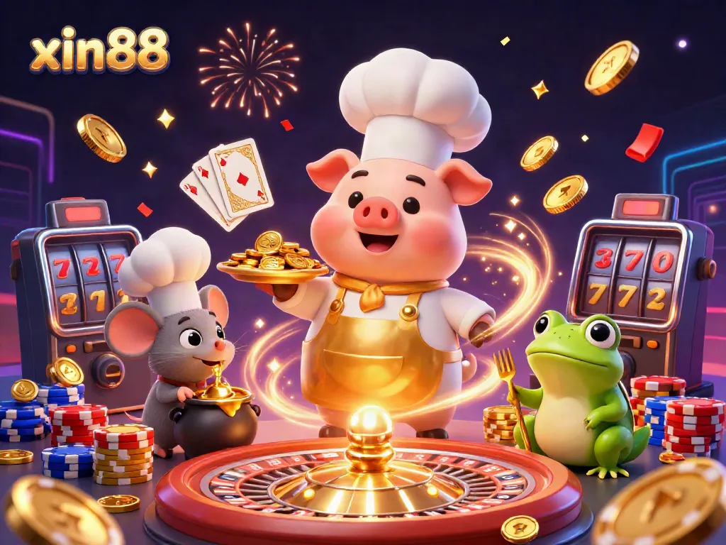 Experience the excitement of winning with xin88's vibrant casino scene featuring a pig chef, gold coins, and slot machines.