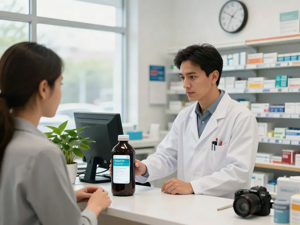 Pharmacist demonstrating Daleel Rx app for quick Haad exam medicine lookups.