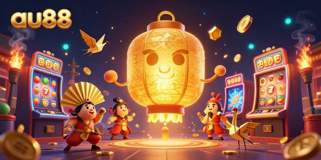 Experience the vibrant casino spirit of au88 with a golden lantern and dynamic slot machine elements.