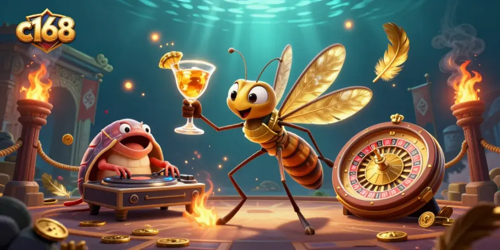 Engage with the vibrant c168 casino scene featuring a frozen mosquito mascot and a trilobite DJ.