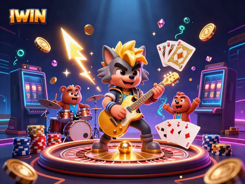 Experience excitement at IWIN with a vibrant casino scene featuring a rock star wolf and drummer bear.