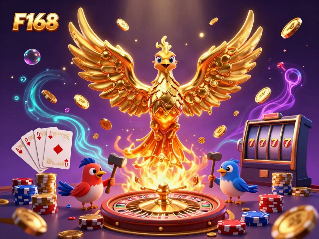 Experience thrilling gameplay with F168's vibrant casino atmosphere featuring golden phoenix, coins, and a spinning roulette wheel.