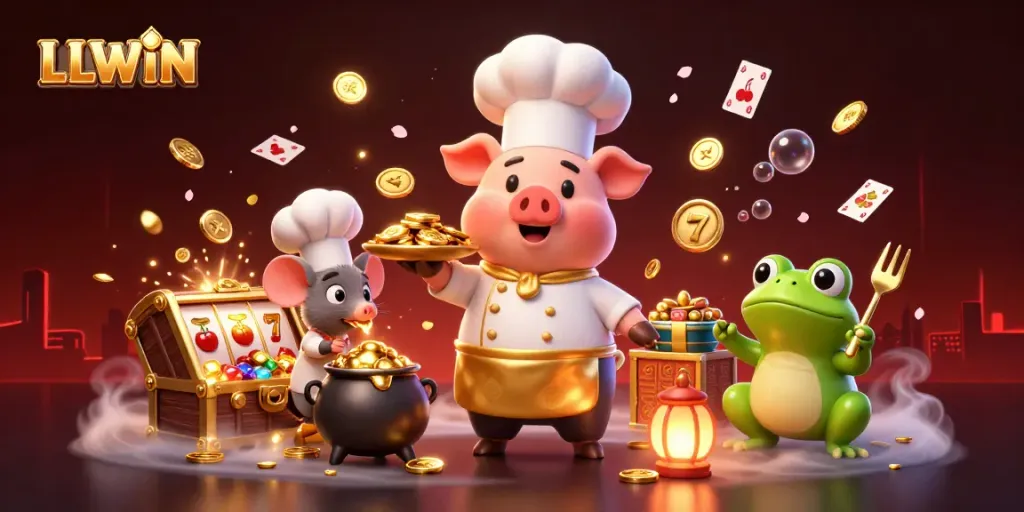 Engage in the vibrant LLWIN casino experience with gold coins and lively characters in a dynamic 3D illustration.