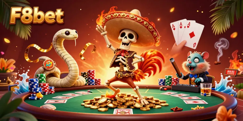 Participate in exciting F8bet games with a lively casino-themed celebration.