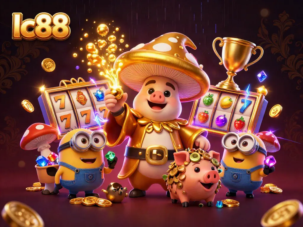 Spin to win with lc88 in this vibrant 3D casino illustration featuring golden magic and slot reels.