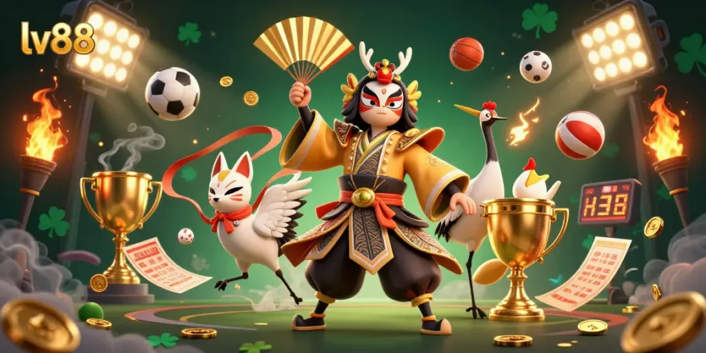 Experience the thrill of lv88 with a vibrant 3D scene showcasing dynamic sports elements and traditional characters.
