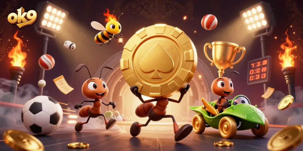 Experience the excitement of ok9 as cartoon ants steal a giant poker chip amidst a lively gambling scene.