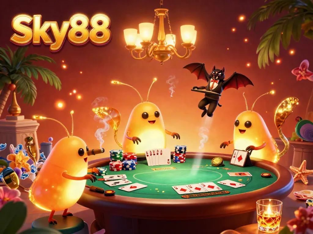 Experience the vibrant excitement of Sky88 with glowworms lighting up a lively casino scene filled with poker elements.