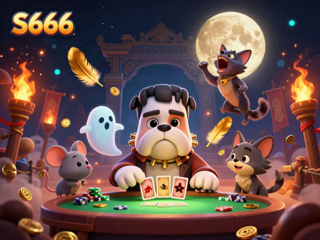 S666 featuring a Frankenstein bulldog dealer at a spooky table with dynamic game elements.