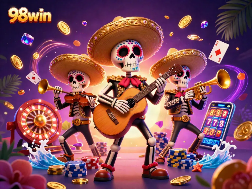 Experience 98win with a vibrant 3D mariachi scene showcasing dynamic gambling elements in action.