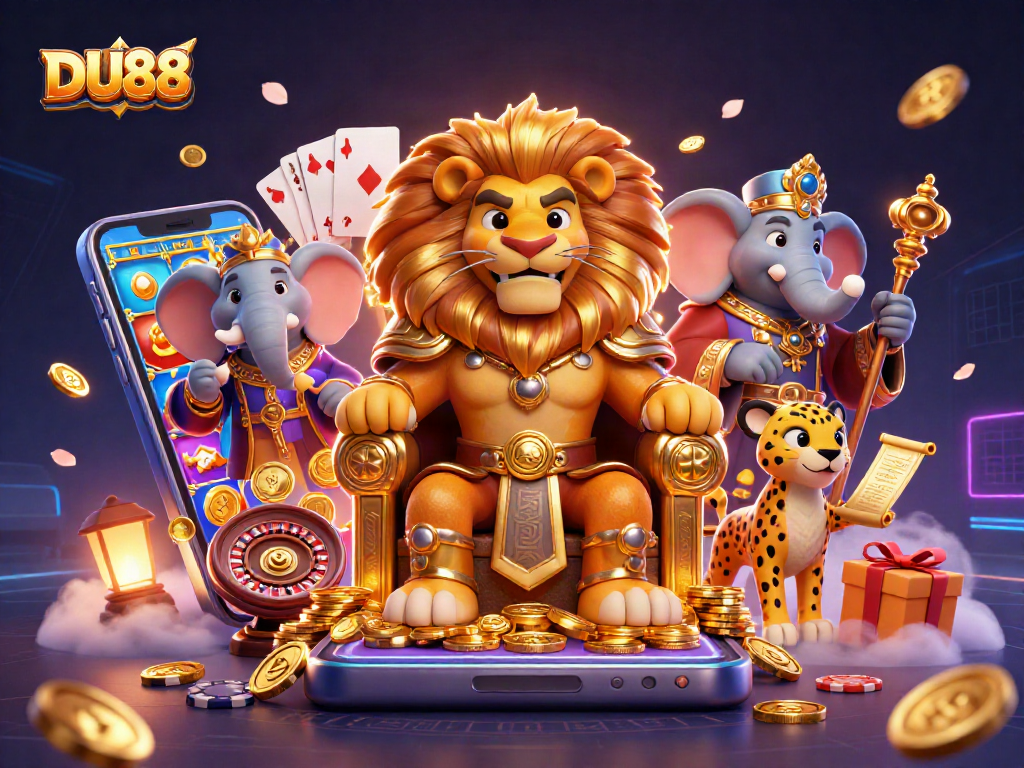 Dive into the vibrant world of DU88 with a majestic lion king amidst slot games and golden treasures.