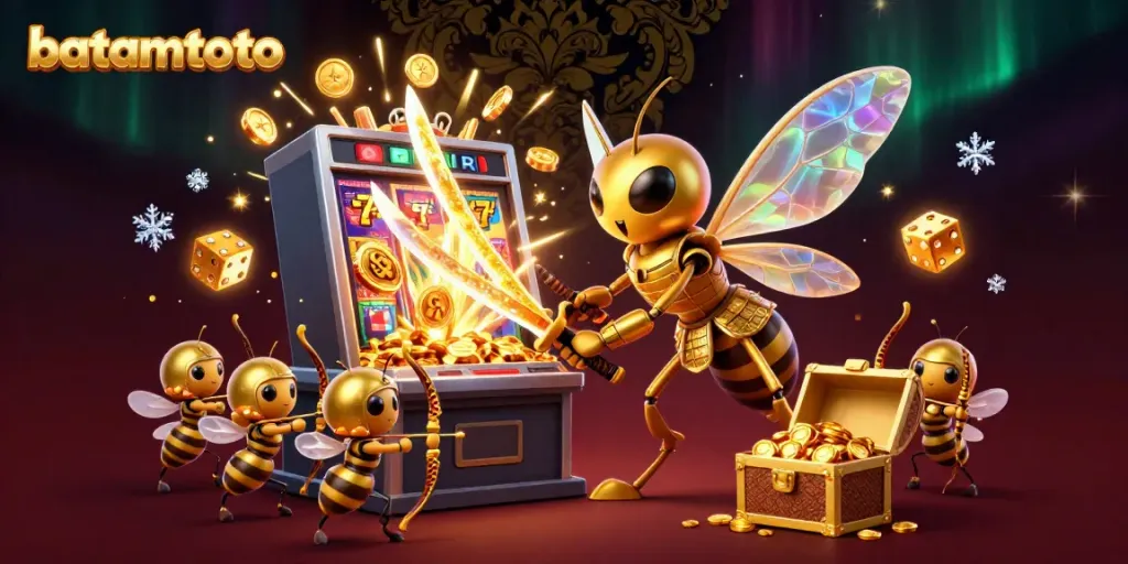 Engage with batamtoto's vibrant gaming scene featuring a golden hornet samurai amidst slot machines and treasures.
